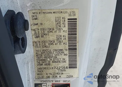 2020 Nissan Frontier King Cab S 4X2 z USA, uszkodzony, nr VIN 1N6ED0CE5LN722568